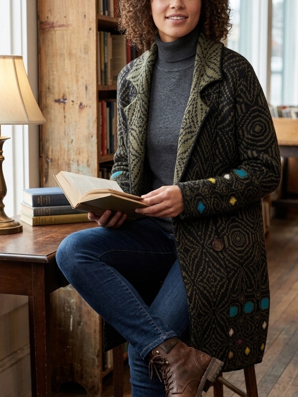 Shawl-Collar Patterned Women's Cardigan Sweater - Olive and Black